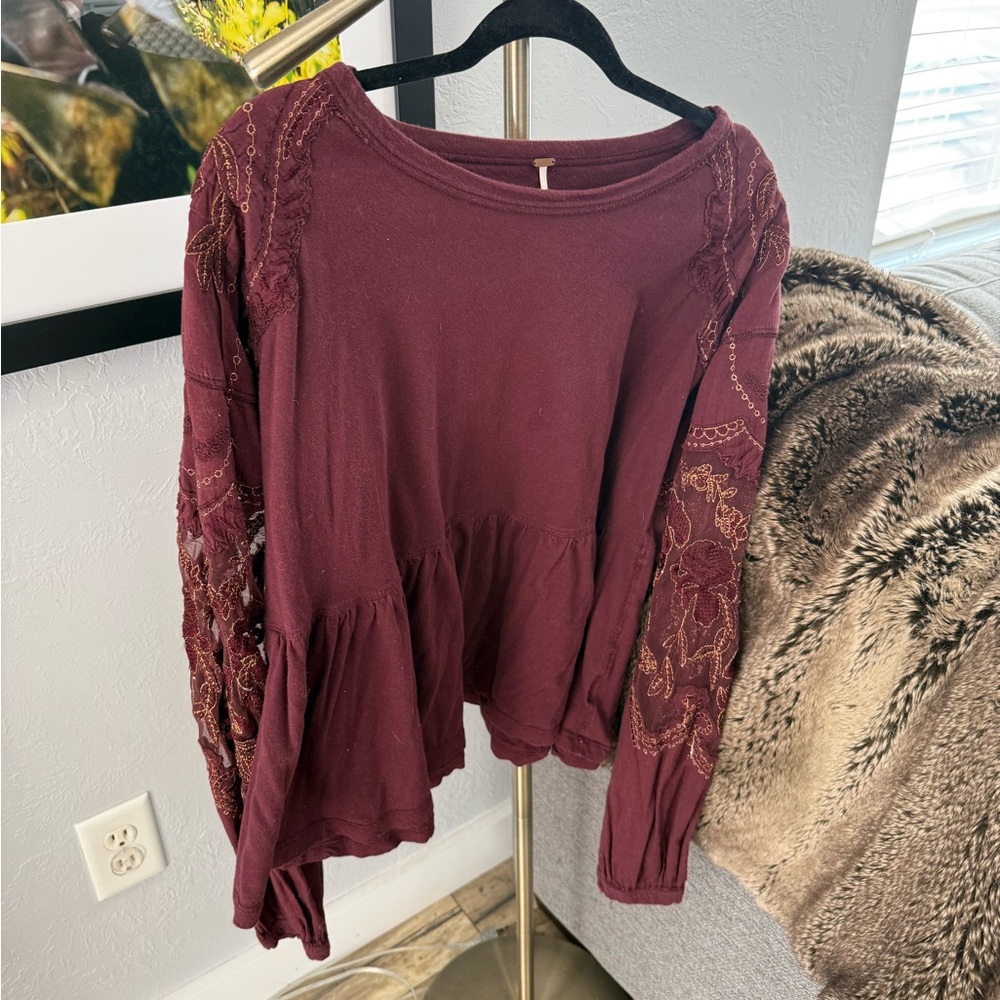 Free People Burgundy Lace Detail Blouse